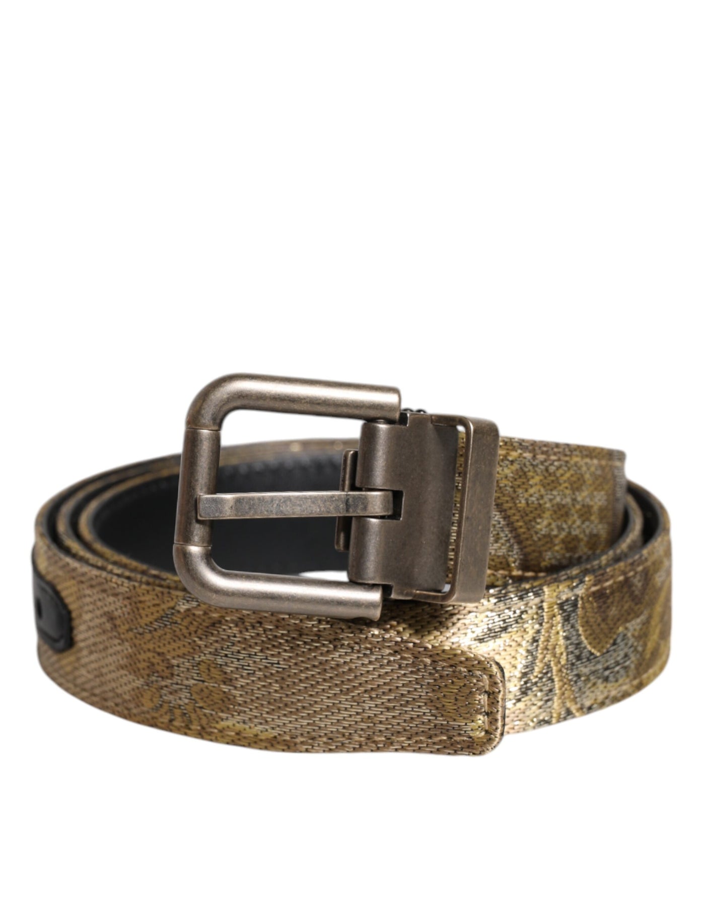 Dolce & Gabbana Goldfarbener Leder-Jacquardgürtel mit silberner Metallschnalle