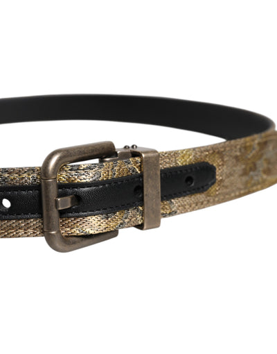 Dolce & Gabbana Goldfarbener Leder-Jacquardgürtel mit silberner Metallschnalle