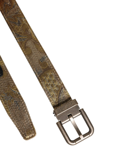 Dolce & Gabbana Goldfarbener Leder-Jacquardgürtel mit silberner Metallschnalle