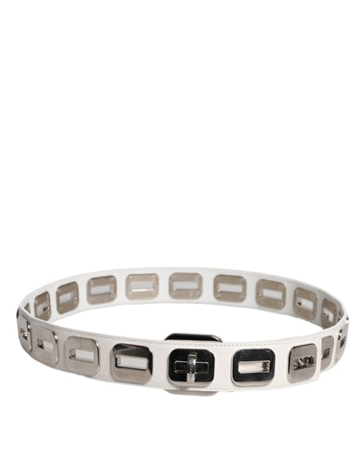 Dolce & Gabbana Weißes Leder, Goldton, drehbare Schnalle, Gürtel