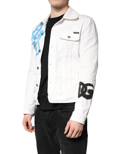 Dolce & Gabbana Weiße Graffiti-Baumwoll-Stretch-Denim-Jacke