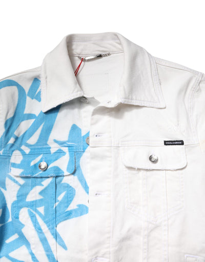 Dolce & Gabbana Weiße Graffiti-Baumwoll-Stretch-Denim-Jacke