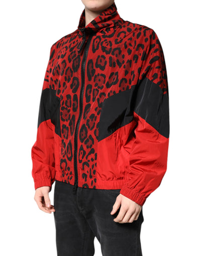 Dolce & Gabbana Rote Leoparden-Nylon-Bomberjacke mit durchgehendem Reißverschluss