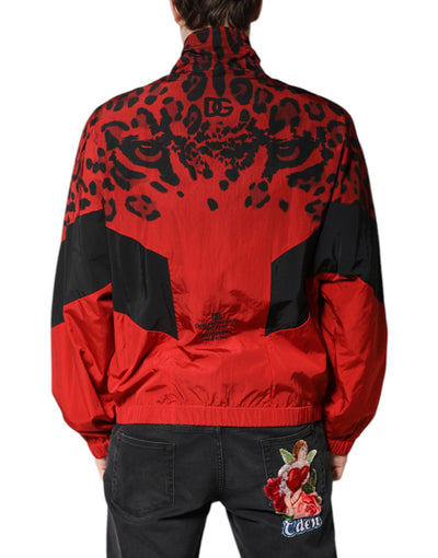 Dolce & Gabbana Rote Leoparden-Nylon-Bomberjacke mit durchgehendem Reißverschluss