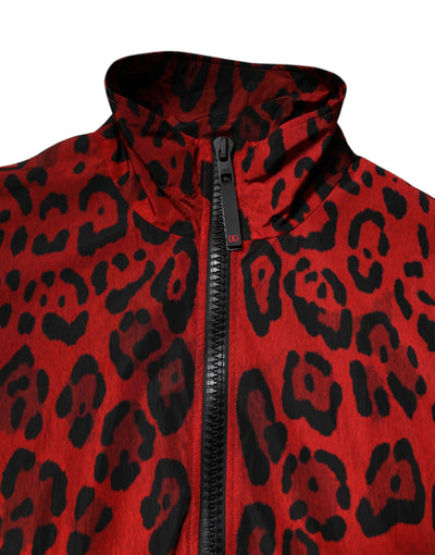 Dolce & Gabbana Rote Leoparden-Nylon-Bomberjacke mit durchgehendem Reißverschluss