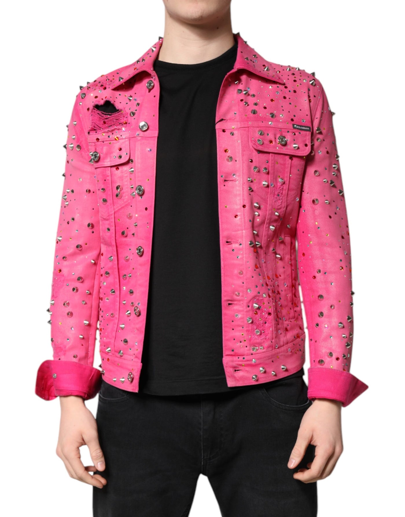 Dolce & Gabbana Rosa kristallverzierte Baumwoll-Denimjacke