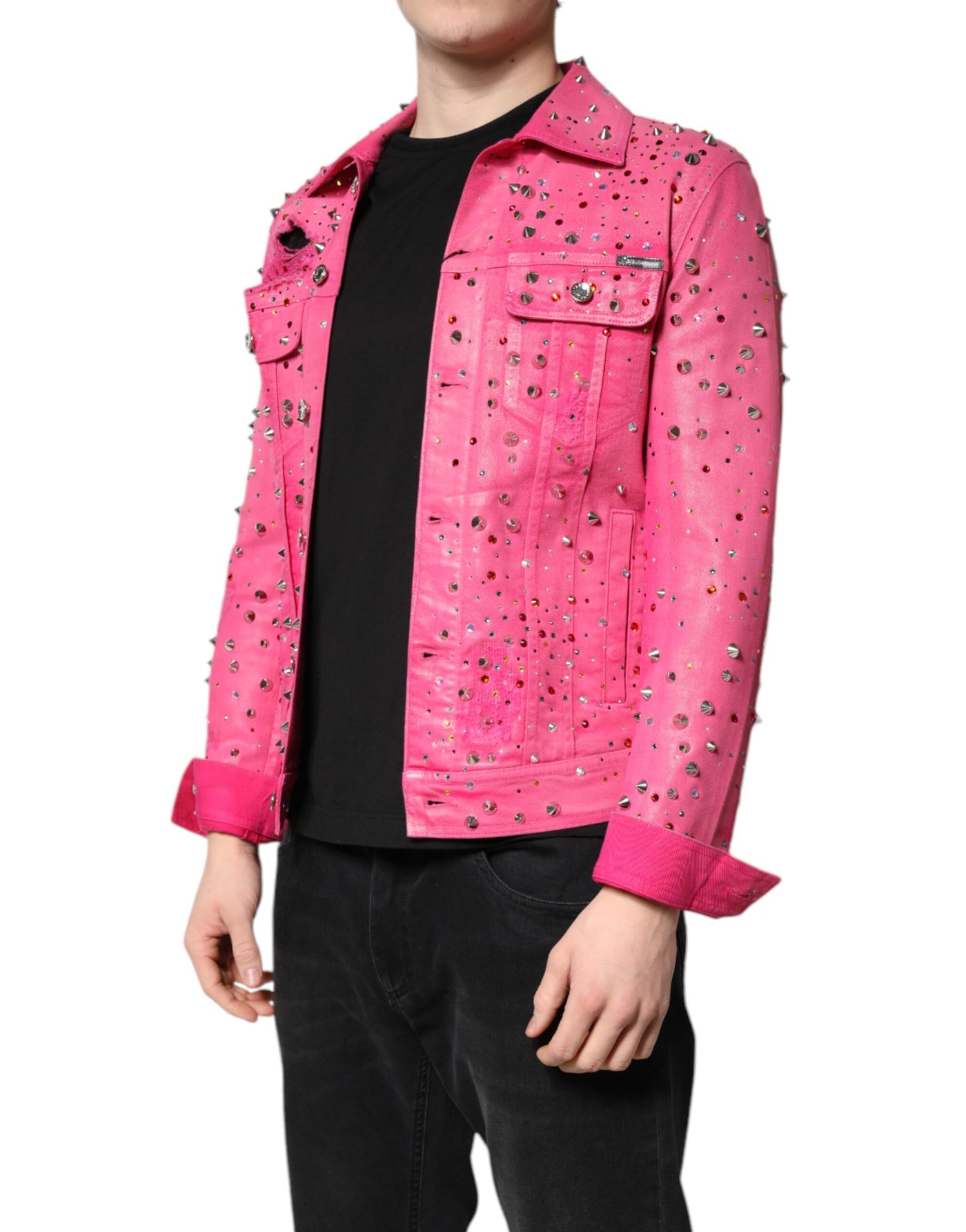 Dolce & Gabbana Rosa kristallverzierte Baumwoll-Denimjacke