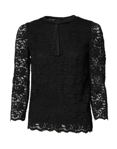 Dolce & Gabbana Schwarzes STAFF Top mit Rundhalsausschnitt und langen Ärmeln aus Spitze
