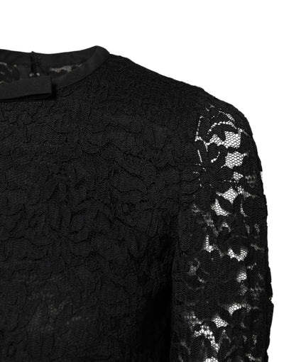 Dolce & Gabbana Schwarzes STAFF Top mit Rundhalsausschnitt und langen Ärmeln aus Spitze
