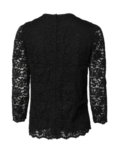 Dolce & Gabbana Schwarzes STAFF Top mit Rundhalsausschnitt und langen Ärmeln aus Spitze