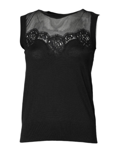 Dolce & Gabbana Schwarzes ärmelloses Top mit Rundhalsausschnitt aus Spitze