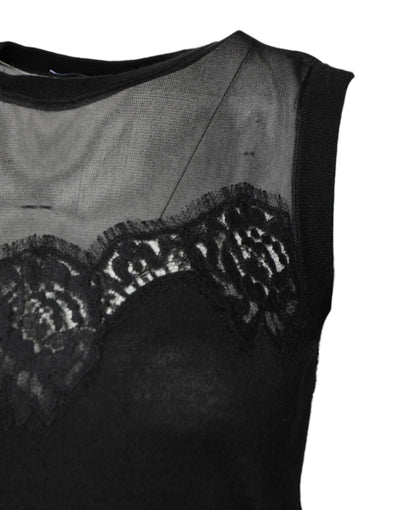Dolce & Gabbana Schwarzes ärmelloses Top mit Rundhalsausschnitt aus Spitze