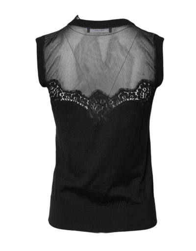 Dolce & Gabbana Schwarzes ärmelloses Top mit Rundhalsausschnitt aus Spitze