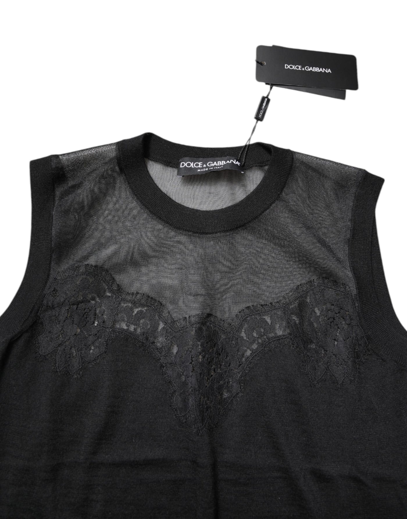 Dolce & Gabbana Schwarzes ärmelloses Top mit Rundhalsausschnitt aus Spitze