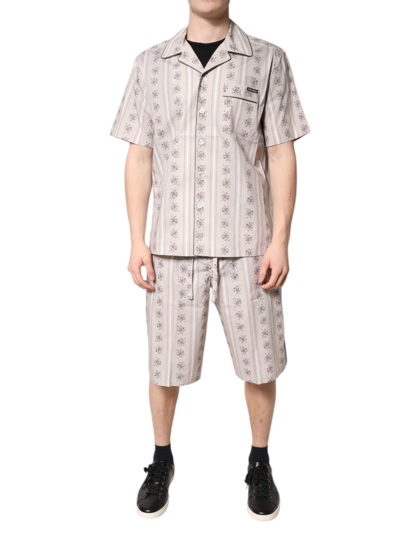 Dolce & Gabbana Beige Floral Print Baumwolle Männer Pyjama Set Schlafanzug