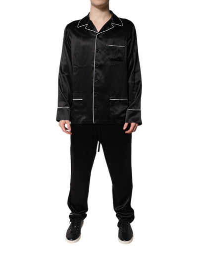 Dolce & Gabbana Schwarzes Seidenhemd Hose Pyjama Set Nachtwäsche