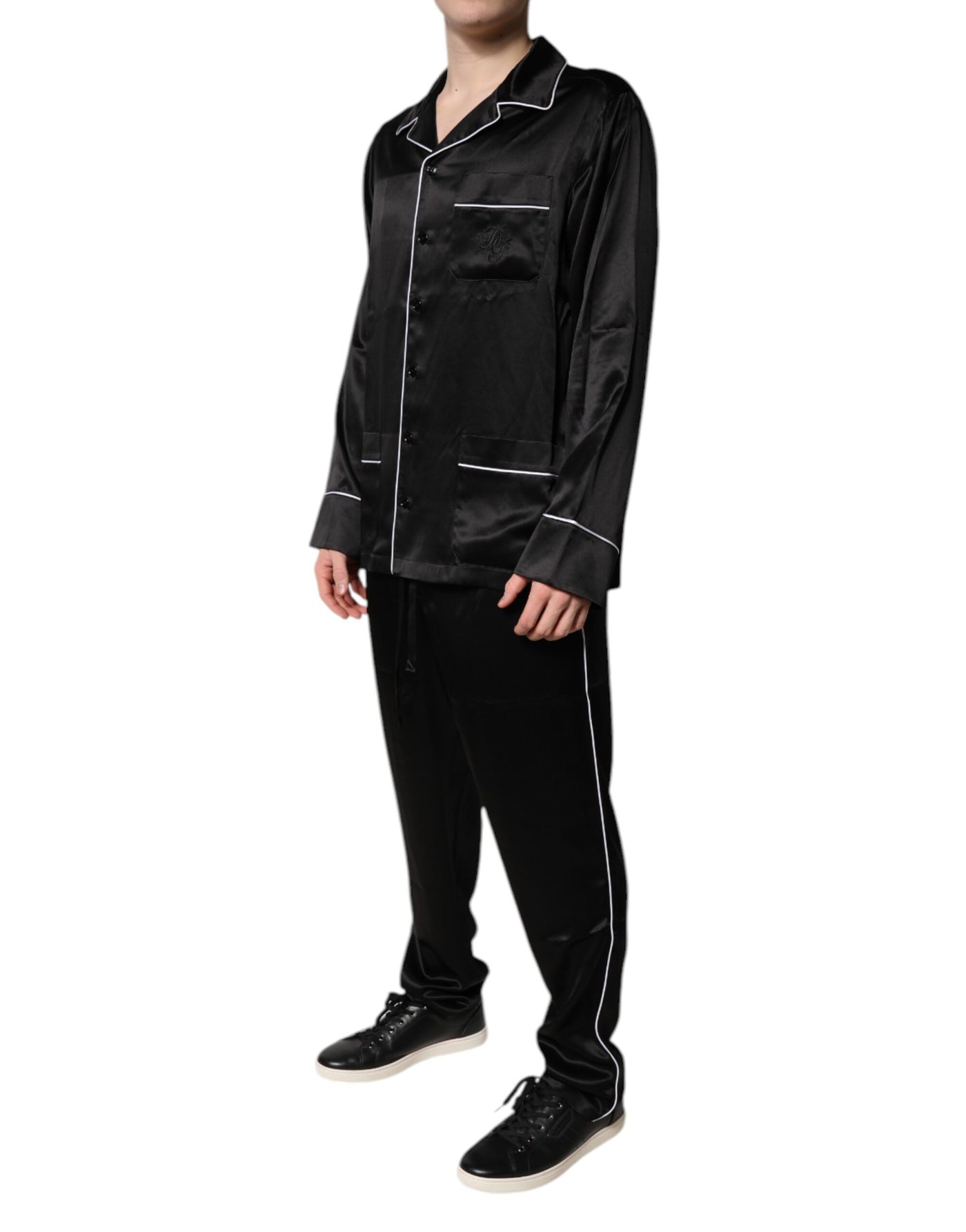 Dolce & Gabbana Schwarzes Seidenhemd Hose Pyjama Set Nachtwäsche