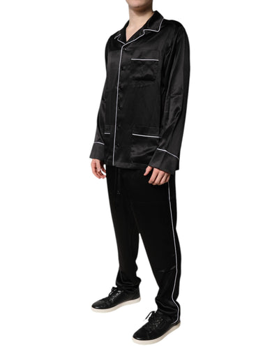 Dolce & Gabbana Schwarzes Seidenhemd Hose Pyjama Set Nachtwäsche