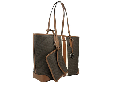 Michael Kors Eva Large Stripe Travel Tote Bag Plus Pouch Braun