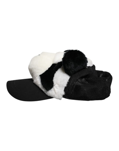 Dolce & Gabbana Schwarzer weißer Panda Pelz Frauen Baseballmütze