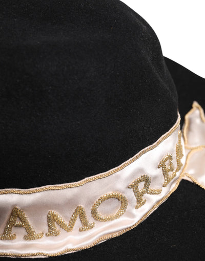 Dolce & Gabbana Schwarzer Logo-Paillettenstickerei Hut mit breiter Krempe