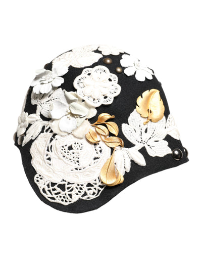 Dolce & Gabbana Schwarz Wolle Weiß Floral Gold Leaf Cloche Hut