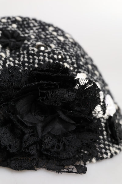Dolce & Gabbana Cloche-Hut aus schwarzer Wolle mit weißer Blumenverzierung