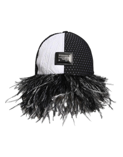 Dolce & Gabbana Weiß Schwarz Polka Dot Federn Baseballmütze