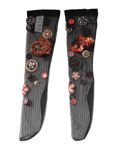 Dolce & Gabbana Schwarze Stretch Carretto Kristall Strümpfe Socken