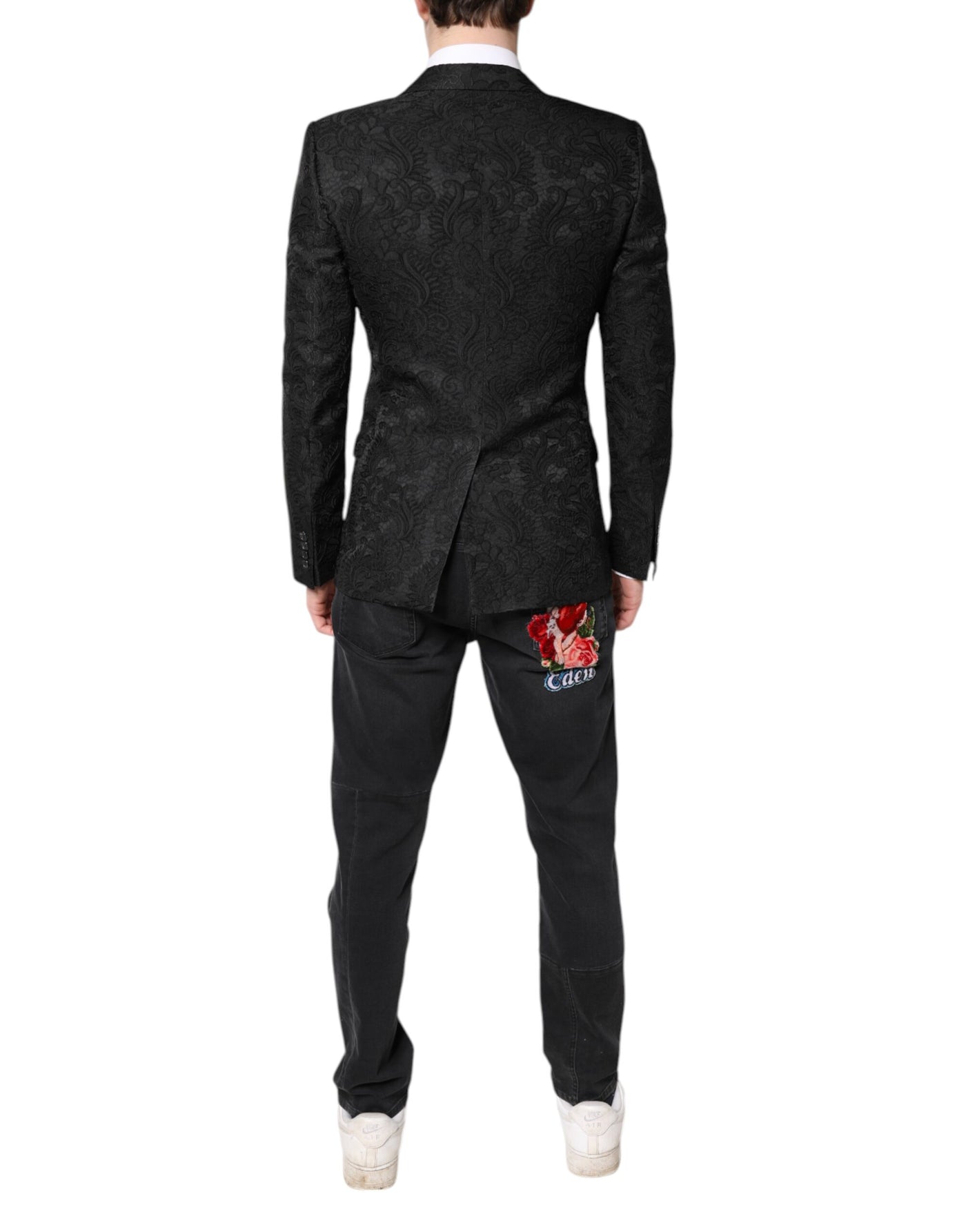 Dolce & Gabbana Schwarzer geblümter Jacquard-Mantel Jacke Blazer