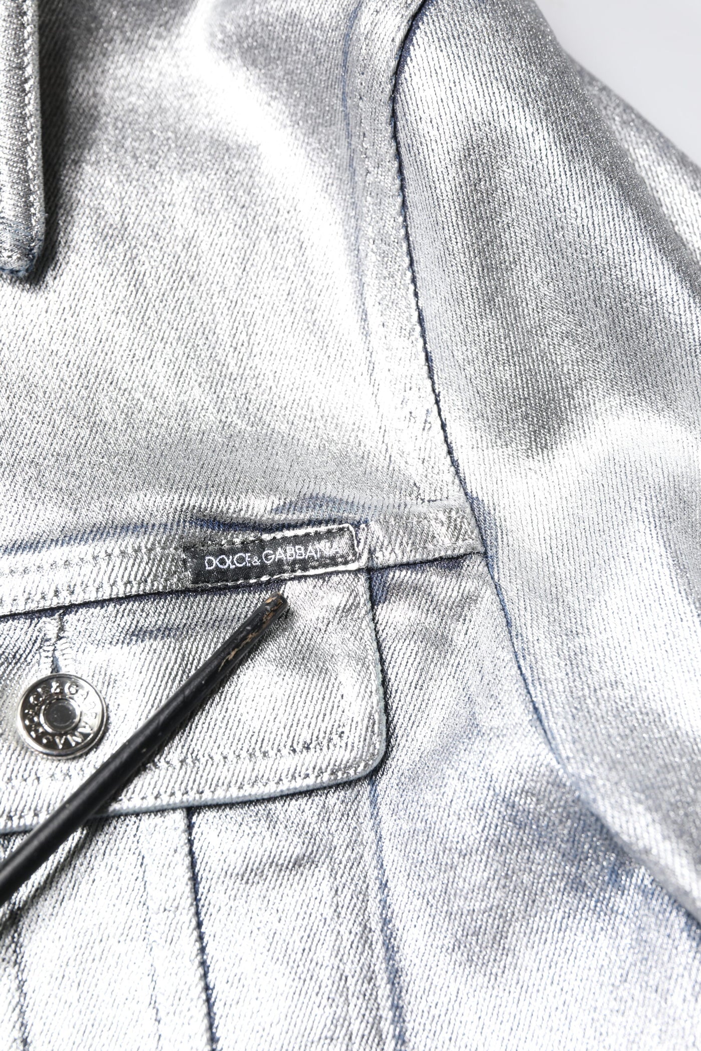 Dolce & Gabbana Silberne Denim-Biker-Jacke mit Knopfleiste aus Baumwolle