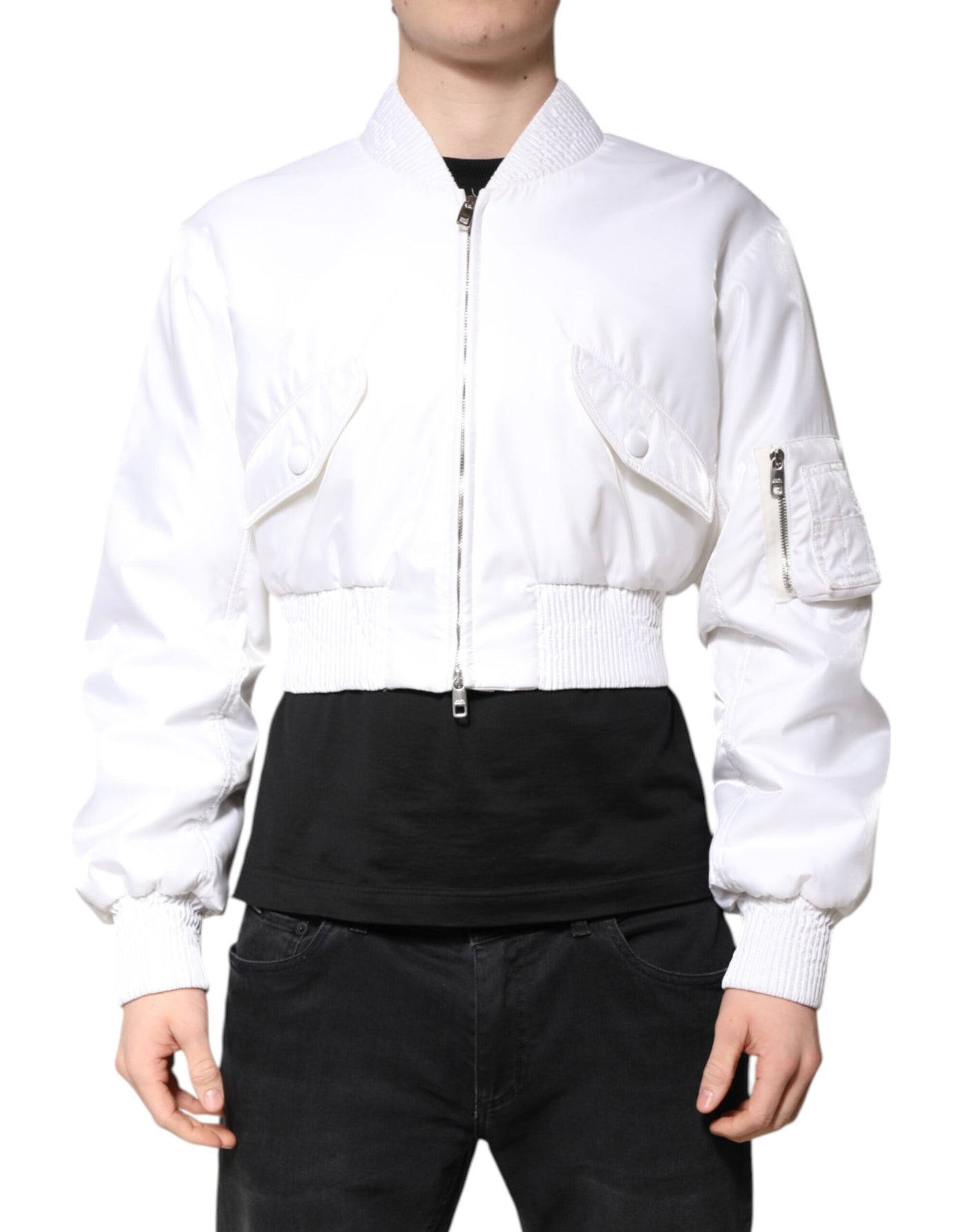 Dolce & Gabbana Weiße Bomberjacke mit durchgehendem Reißverschluss aus Nylon