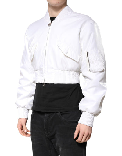 Dolce & Gabbana Weiße Bomberjacke mit durchgehendem Reißverschluss aus Nylon