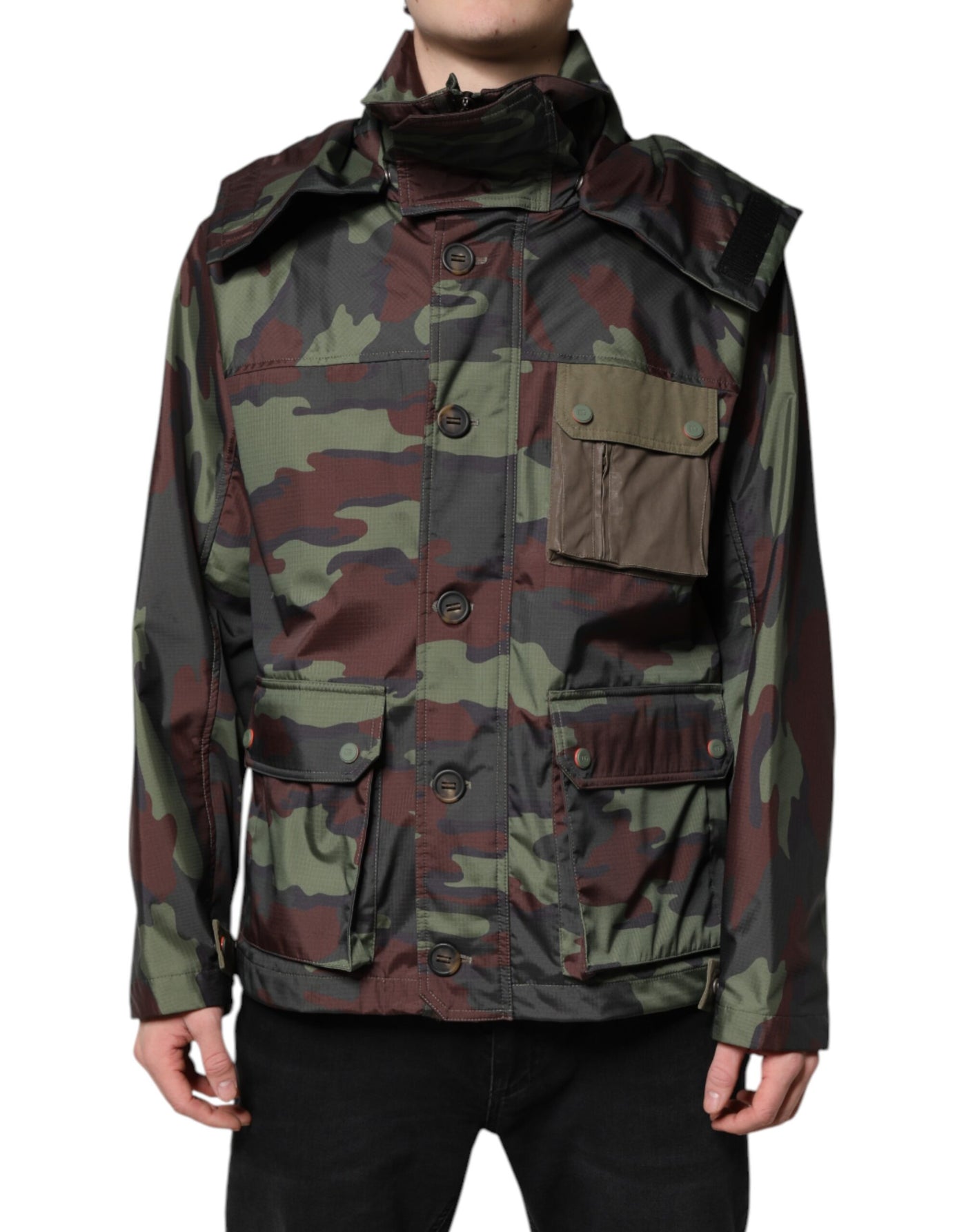 Dolce & Gabbana Multicolor Camouflage Jacke mit Kapuze und Knöpfen