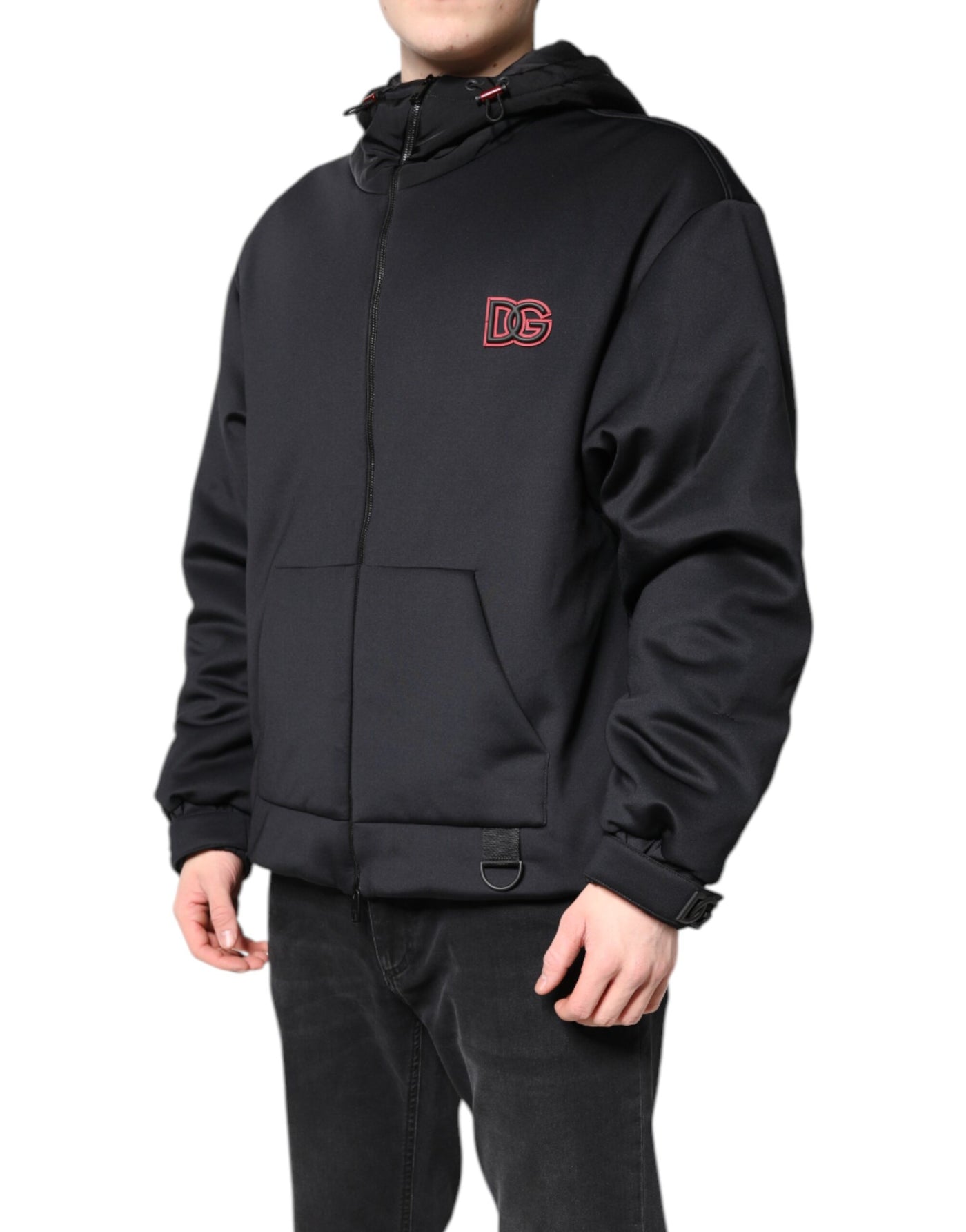 Dolce & Gabbana Schwarze Polyester DG Jacke mit Kapuze und durchgehendem Reißverschluss
