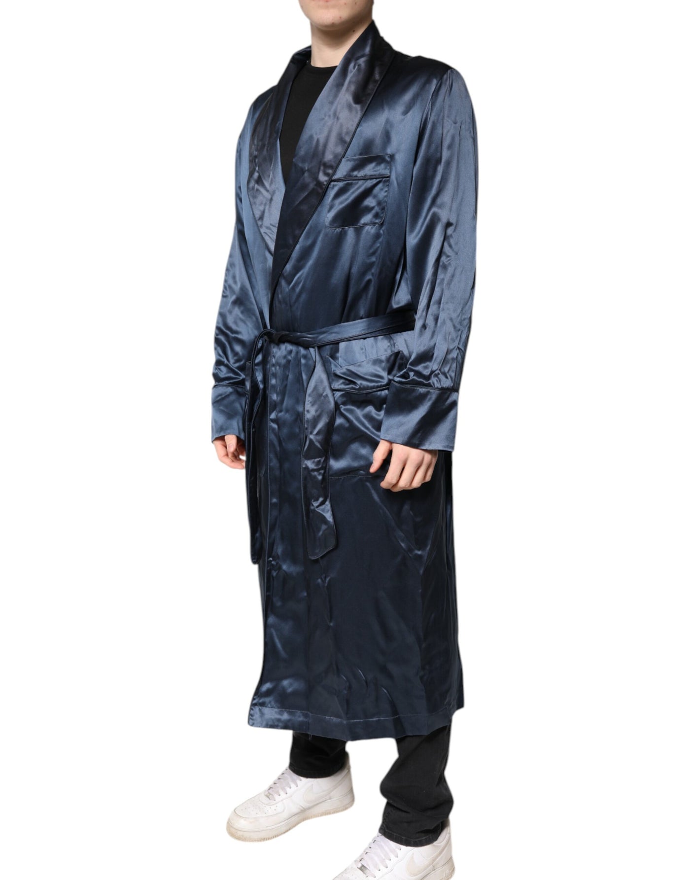 Dolce & Gabbana Blau Solide Seide Männer Wrap Robe Mantel Jacke