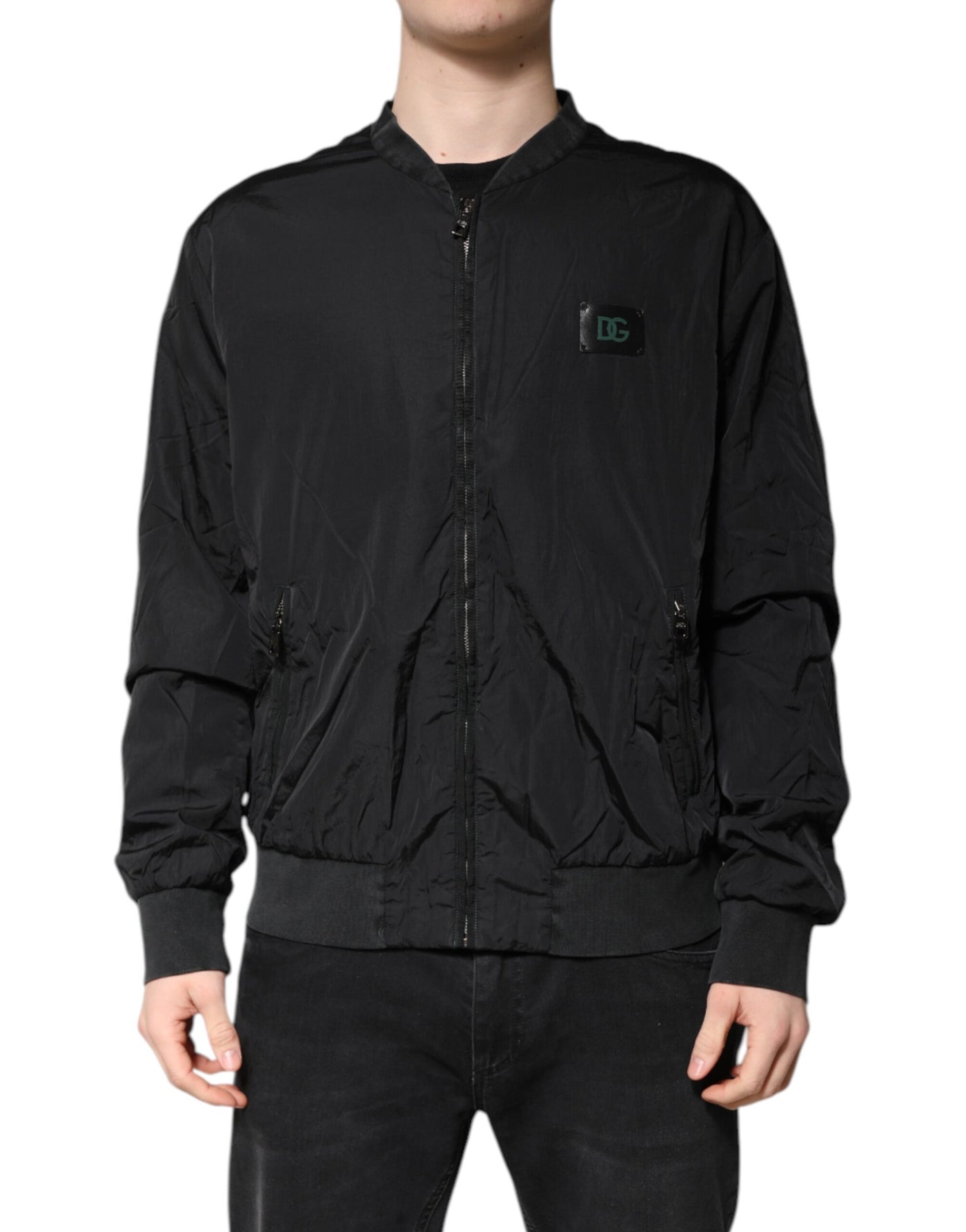 Dolce & Gabbana Schwarze Nylon-Logo-Bomberjacke mit durchgehendem Reißverschluss