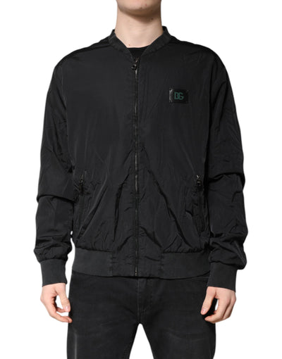 Dolce & Gabbana Schwarze Nylon-Logo-Bomberjacke mit durchgehendem Reißverschluss