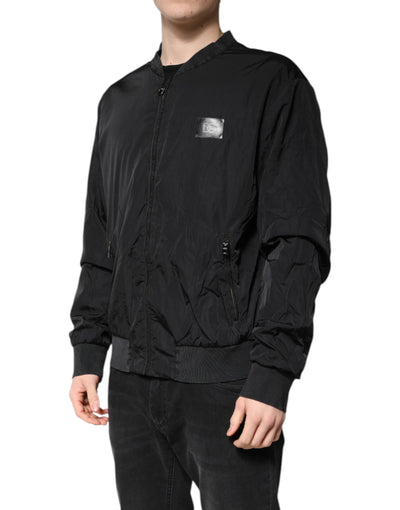 Dolce & Gabbana Schwarze Nylon-Logo-Bomberjacke mit durchgehendem Reißverschluss