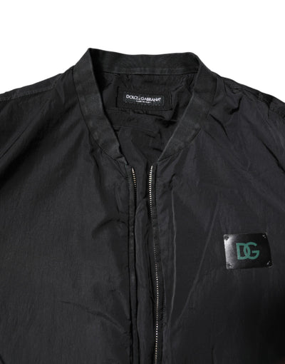 Dolce & Gabbana Schwarze Nylon-Logo-Bomberjacke mit durchgehendem Reißverschluss