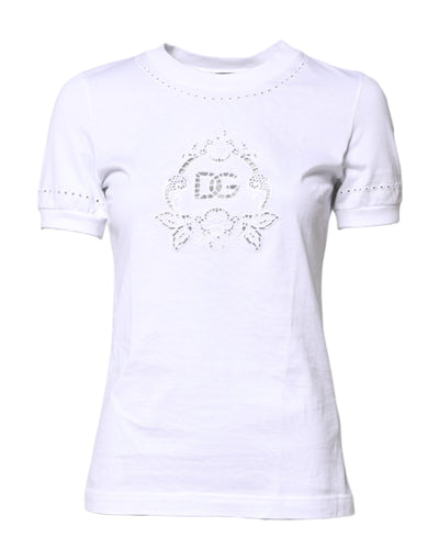 Dolce & Gabbana Weißes T-Shirt mit geblümtem Logo und Rundhalsausschnitt aus Baumwolle