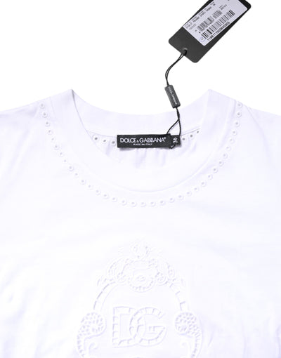 Dolce & Gabbana Weißes T-Shirt mit geblümtem Logo und Rundhalsausschnitt aus Baumwolle