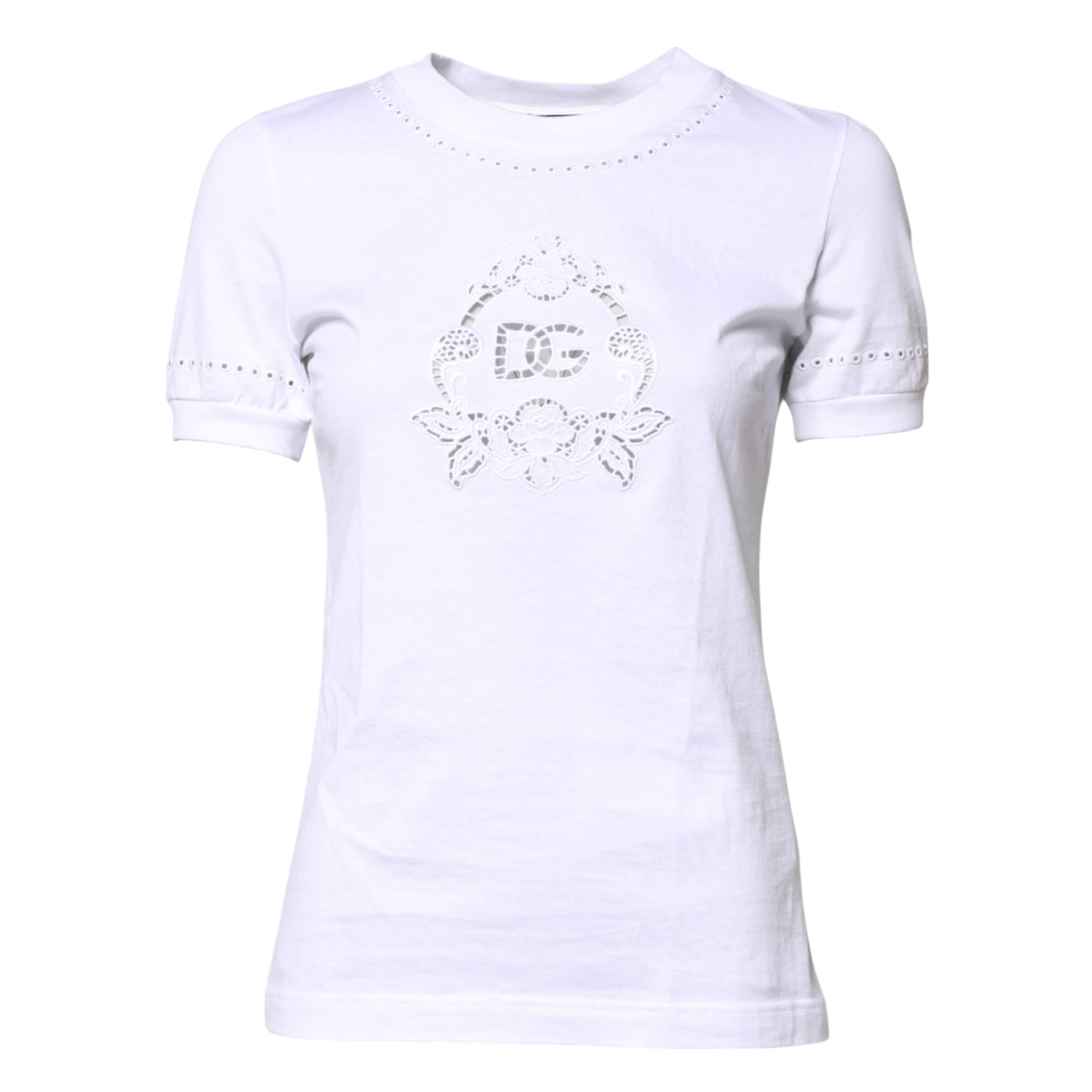 Dolce & Gabbana Weißes T-Shirt mit geblümtem Logo und Rundhalsausschnitt aus Baumwolle