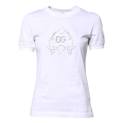 Dolce & Gabbana Weißes T-Shirt mit geblümtem Logo und Rundhalsausschnitt aus Baumwolle
