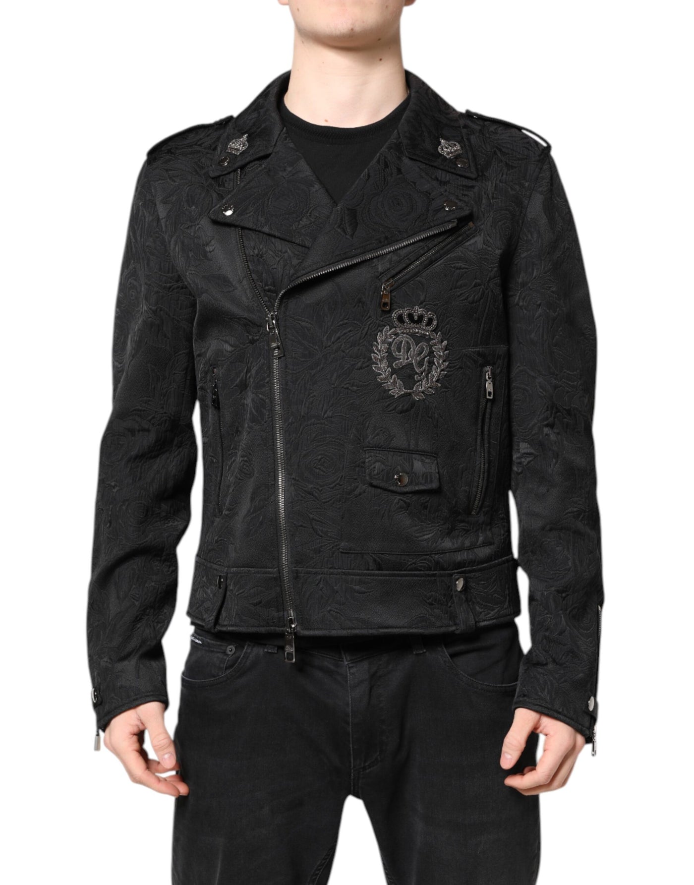 Dolce & Gabbana Schwarze Brokat-Baumwoll-Bikerjacke mit durchgehendem Reißverschluss