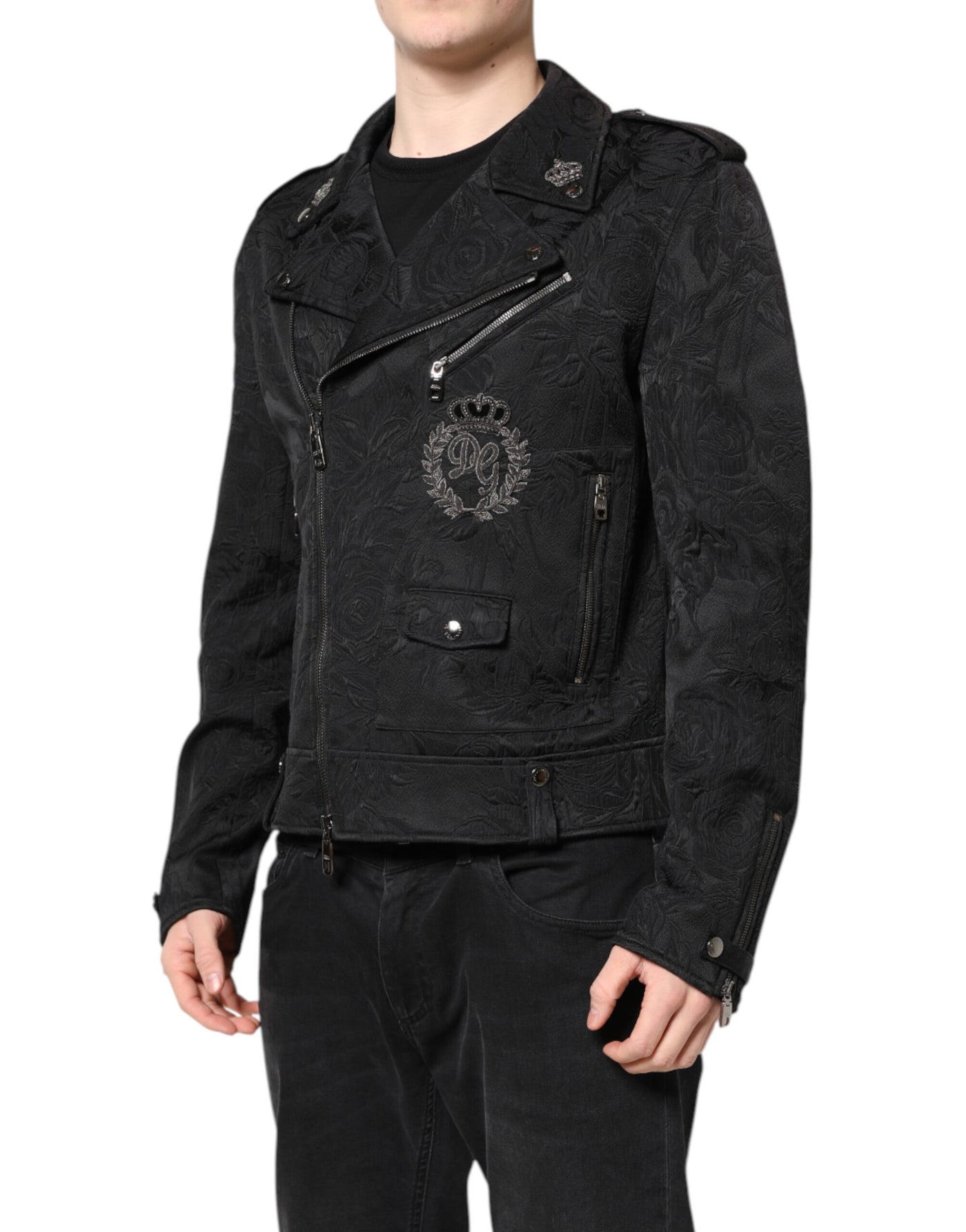 Dolce & Gabbana Schwarze Brokat-Baumwoll-Bikerjacke mit durchgehendem Reißverschluss