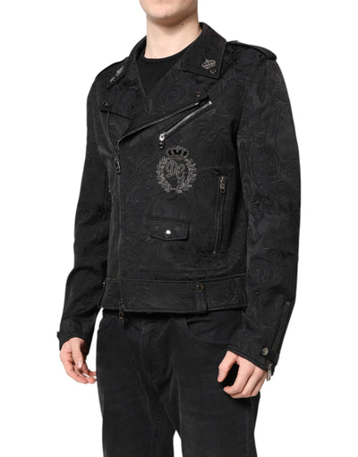 Dolce & Gabbana Schwarze Brokat-Baumwoll-Bikerjacke mit durchgehendem Reißverschluss
