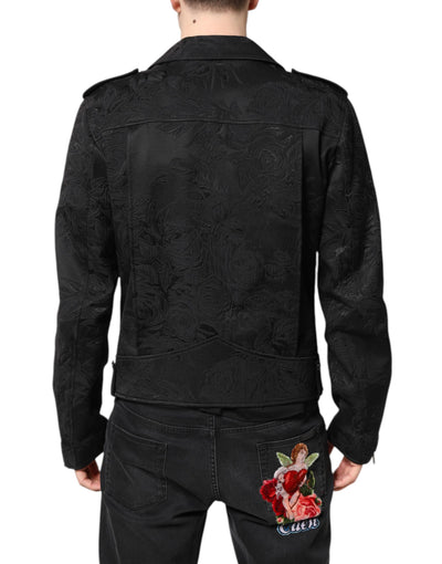Dolce & Gabbana Schwarze Brokat-Baumwoll-Bikerjacke mit durchgehendem Reißverschluss