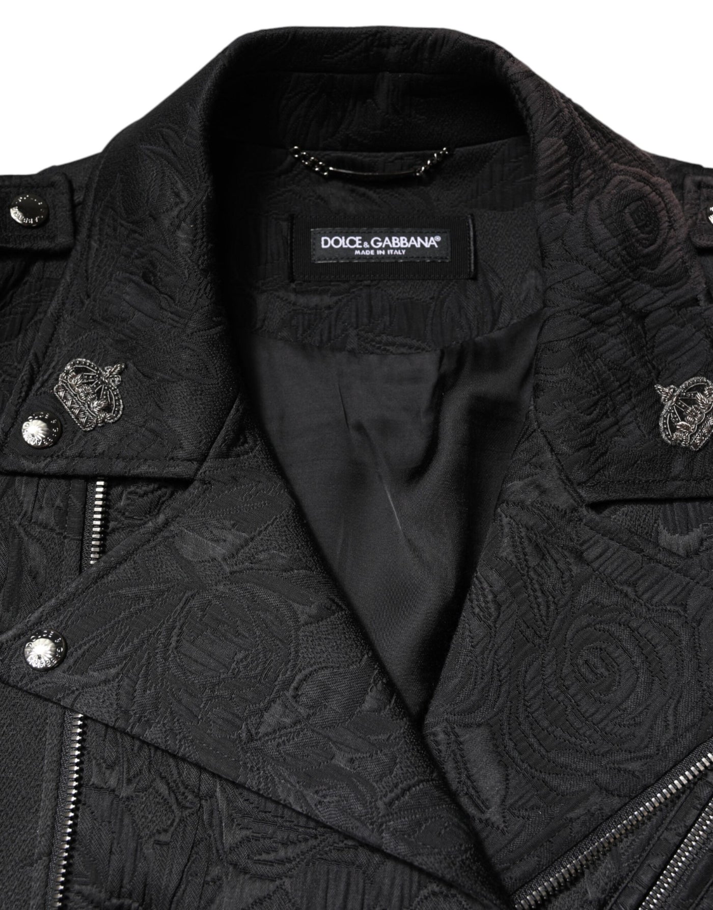 Dolce & Gabbana Schwarze Brokat-Baumwoll-Bikerjacke mit durchgehendem Reißverschluss