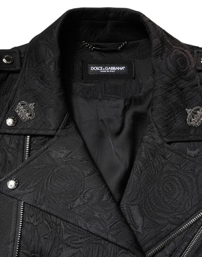 Dolce & Gabbana Schwarze Brokat-Baumwoll-Bikerjacke mit durchgehendem Reißverschluss